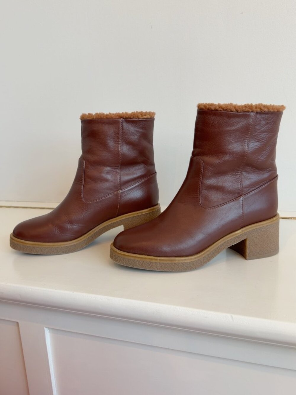 Theory Shearling-Lined Leather Ankle Boots | Brown | Made in Italy | EU 37 / US